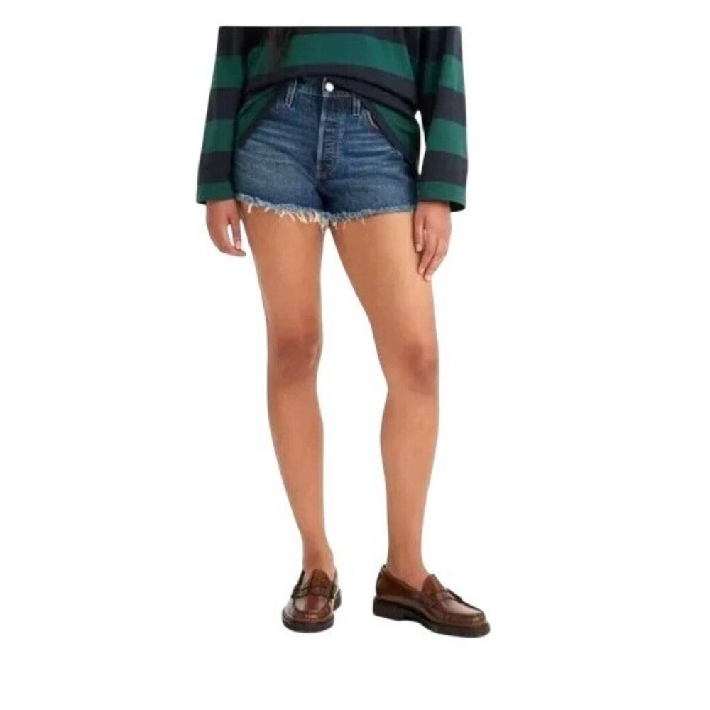 Levis 501 Womens Original Fit High-Rise Denim Shorts Button Fly Distressed Hem 2